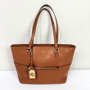 Lauren Ralph Lauren Whitney Pocket Brown Leather Tote 15” x 9” x 5”